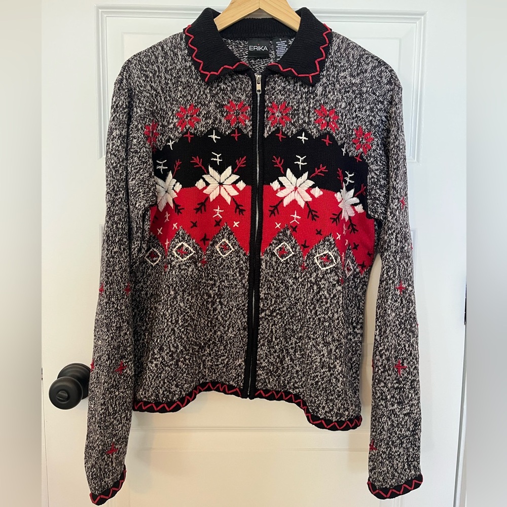 Women’s Christmas Holiday Erika Black/Red/White Zip Cardigan Sweater, Large